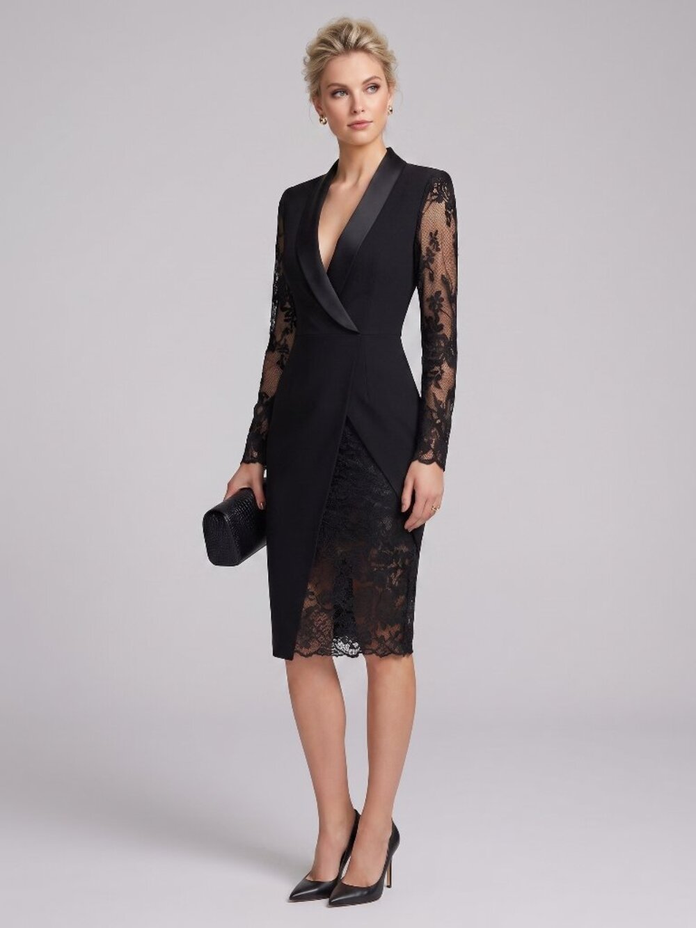 Women's Black Lace Patchwork Blazer Dress Notched Collar Waist Cinched Midi